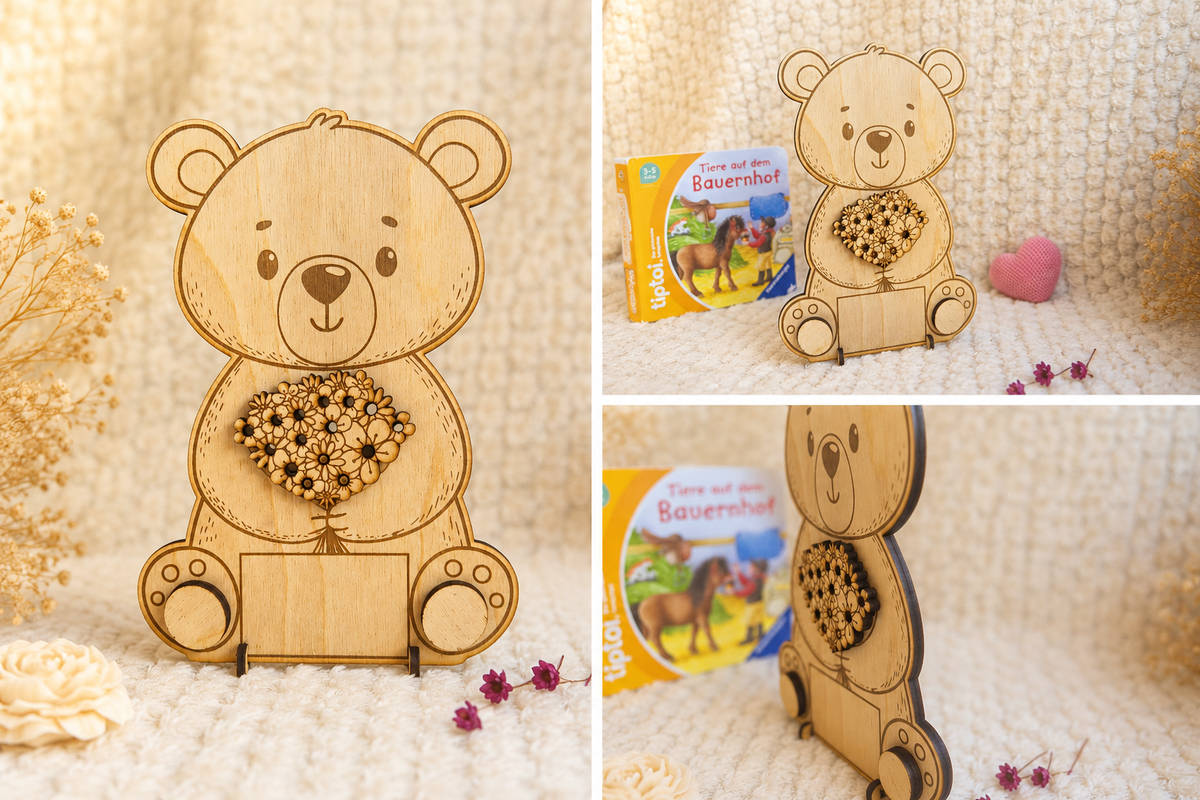 Gelaserter Bär mit personalisierbarem Schild / Abschiedsgeschenk Kindergarten/Schule